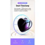 Heart-shaped recording device displayed in front of a clock graphic, illustrating the smart timestamp feature.