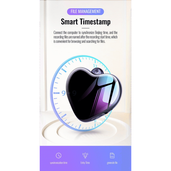 Heart-shaped recording device displayed in front of a clock graphic, illustrating the smart timestamp feature.