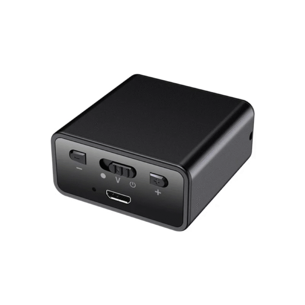 Compact black digital voice recorder with control buttons and a charging port.