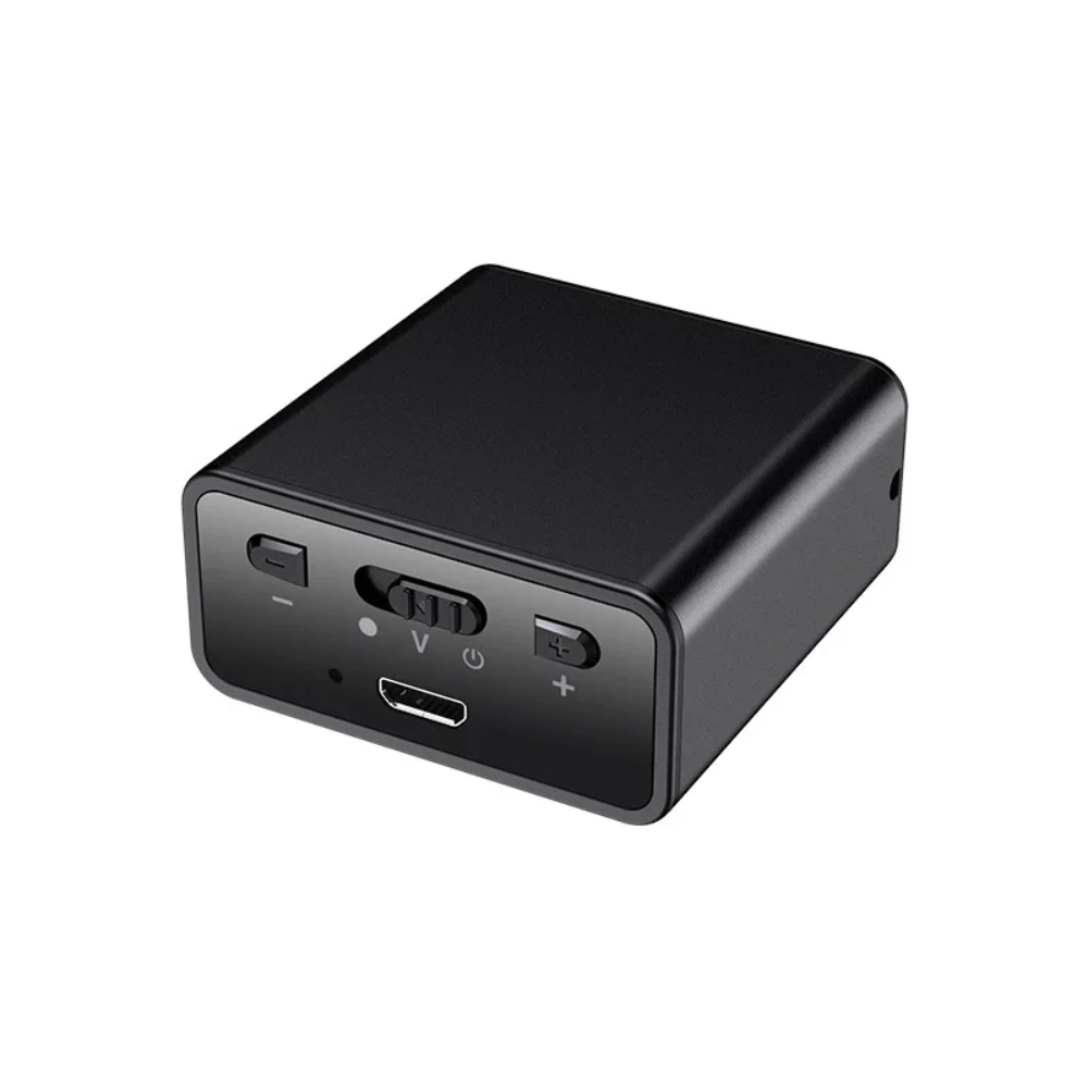 Compact black digital voice recorder with control buttons and a charging port.