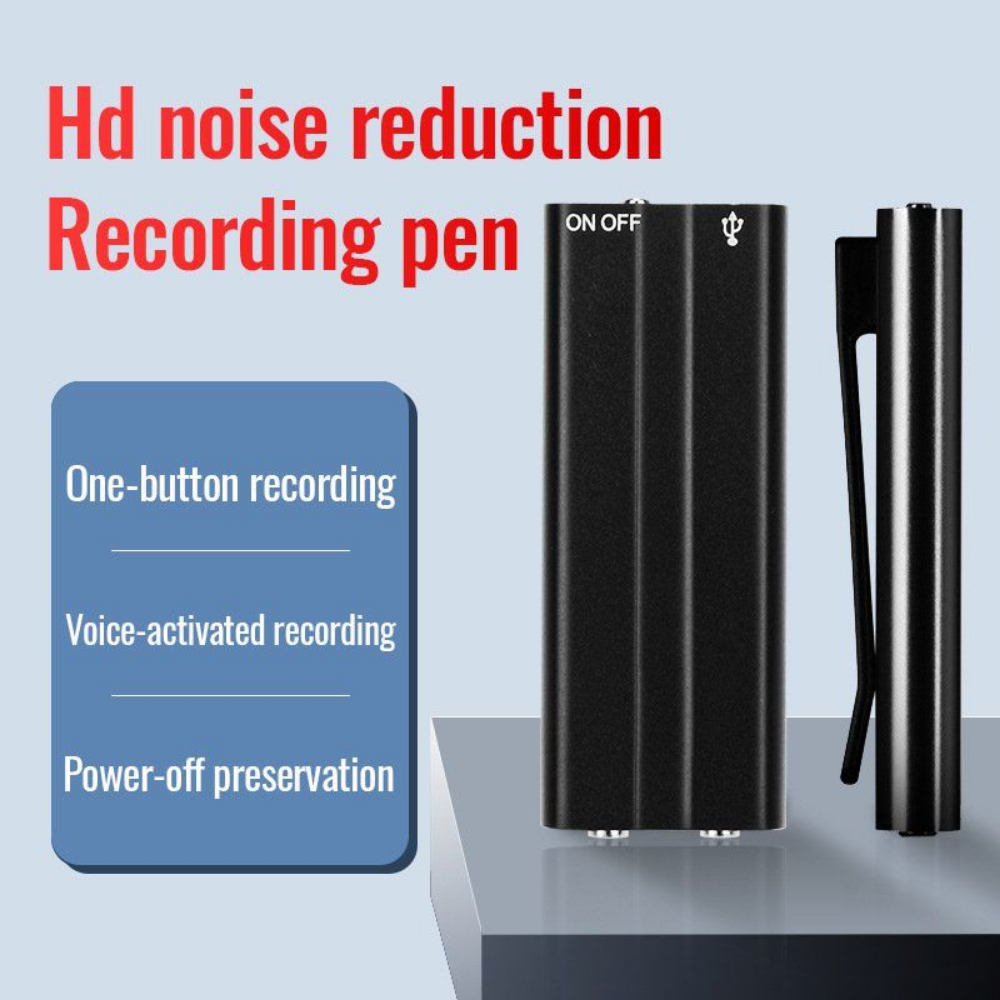 Black HD noise-reduction recording pen standing upright on a platform, with text highlighting features such as one-button recording, voice-activated recording, and power-off preservation.