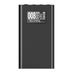 Compact black digital voice recorder with display screen showing recording time