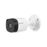 White CP Plus bullet-style security camera with a black front and wall-mount bracket.