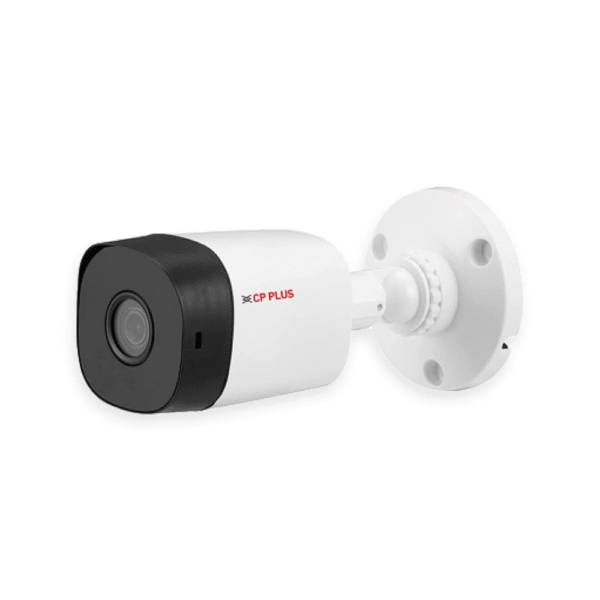 White CP Plus bullet-style security camera with a black front and wall-mount bracket.